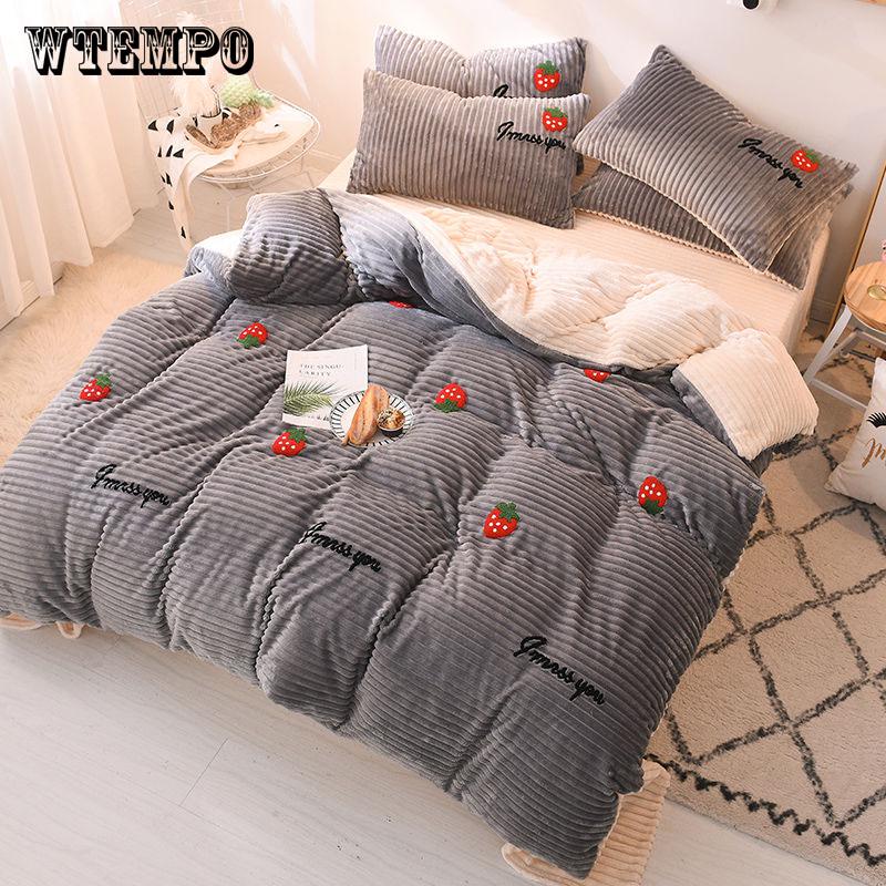 Fleece Fabric Bedding Sets Queen King Size Stripe Bed Duvet Cover Bed Sheets Linen Set Winter