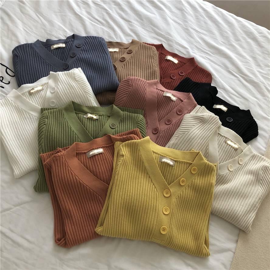 Pofulove Girly V- Neck Button Pullover Long Sleeve Sweater Women Solid Color Slim Waist Knitwear