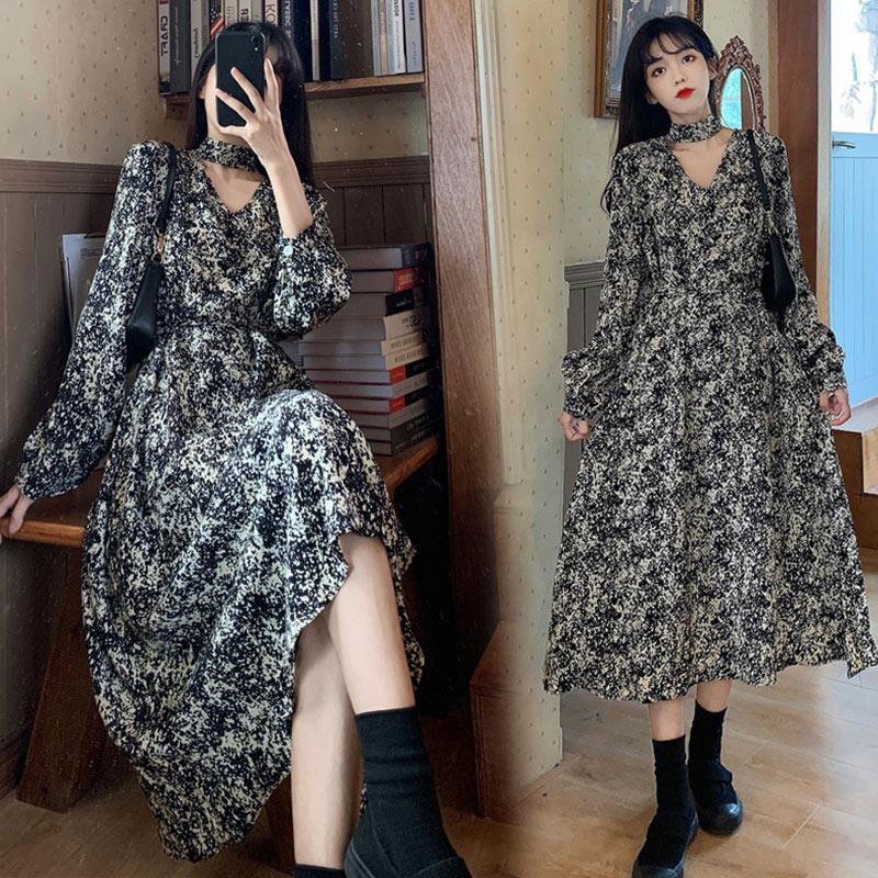 French Retro Floral Bottoming Long Dress Korean Version Loose and Thin Hepburn Printed Female Long Skirt