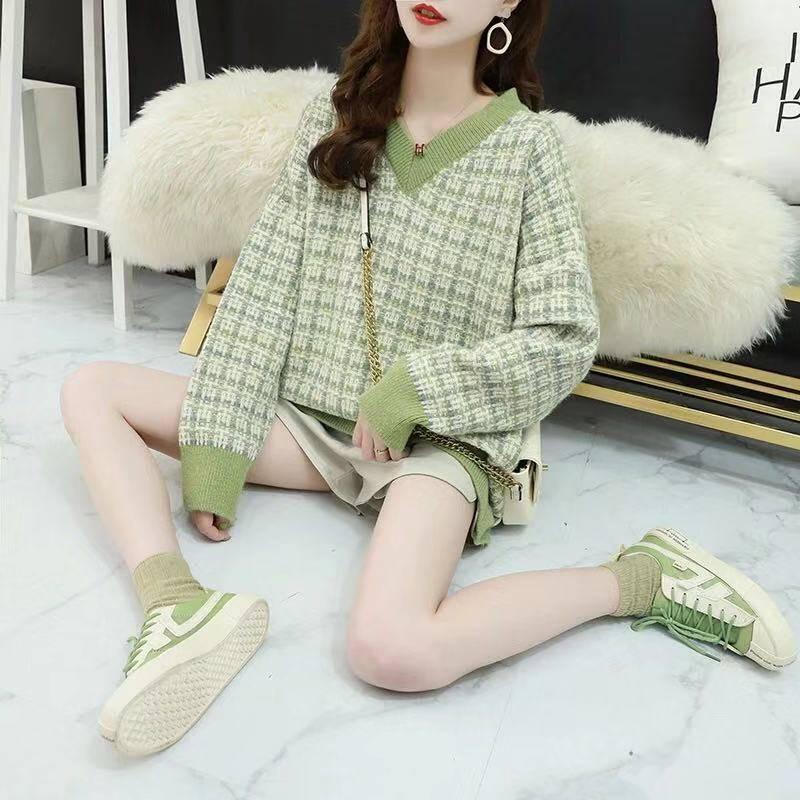 Pofulove Check V-neck Pullover Sweater Women Autumn Winter Loose Wild Long Sleeve Knitted Sweater