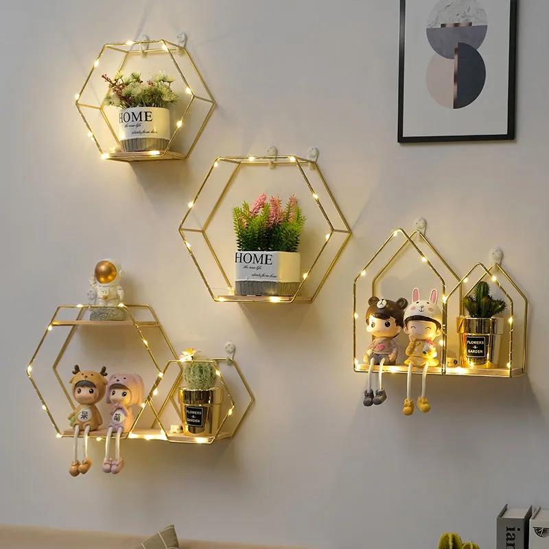 Hexagon Art Storage Shelf Living Room Metal Display Platform Wall Mounted Decorative Rack with Light Strip
