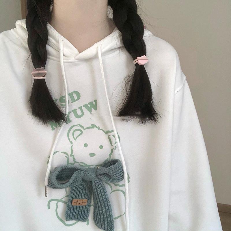 Winter Hoodies Women Hooded Tops Thick Fleece Pullovers White Fashion Bear Printed Fall Women Oversized Loose Knitted Bow Harajuku Sweatshirts