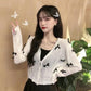 Women's Thin Coat Summer Bow Sunscreen Cardigan White Loose Coat Long-sleeved Knitted Sweater Women V Neck Button Hollow Out Tops Cute Blouse Sweater