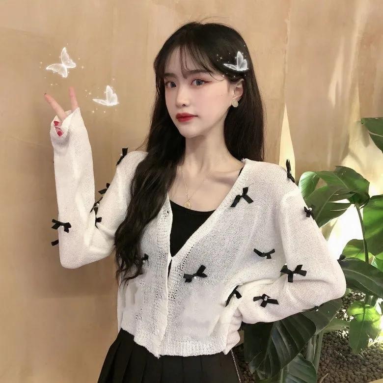 Women's Thin Coat Summer Bow Sunscreen Cardigan White Loose Coat Long-sleeved Knitted Sweater Women V Neck Button Hollow Out Tops Cute Blouse Sweater
