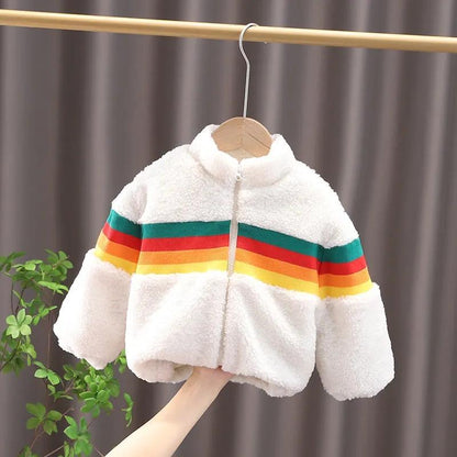 Boys and girls jackets autumn and winter clothes plus velvet padded lamb wool children's cotton-padded clothes children's rainbow tops
