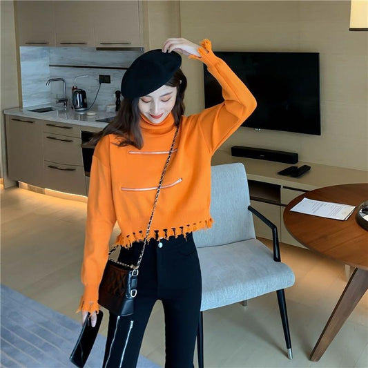 Women's Solid Color Trendy Fashion Zipper Slim Bottoming Sweater High Neck Tassel Short Knit Sweater