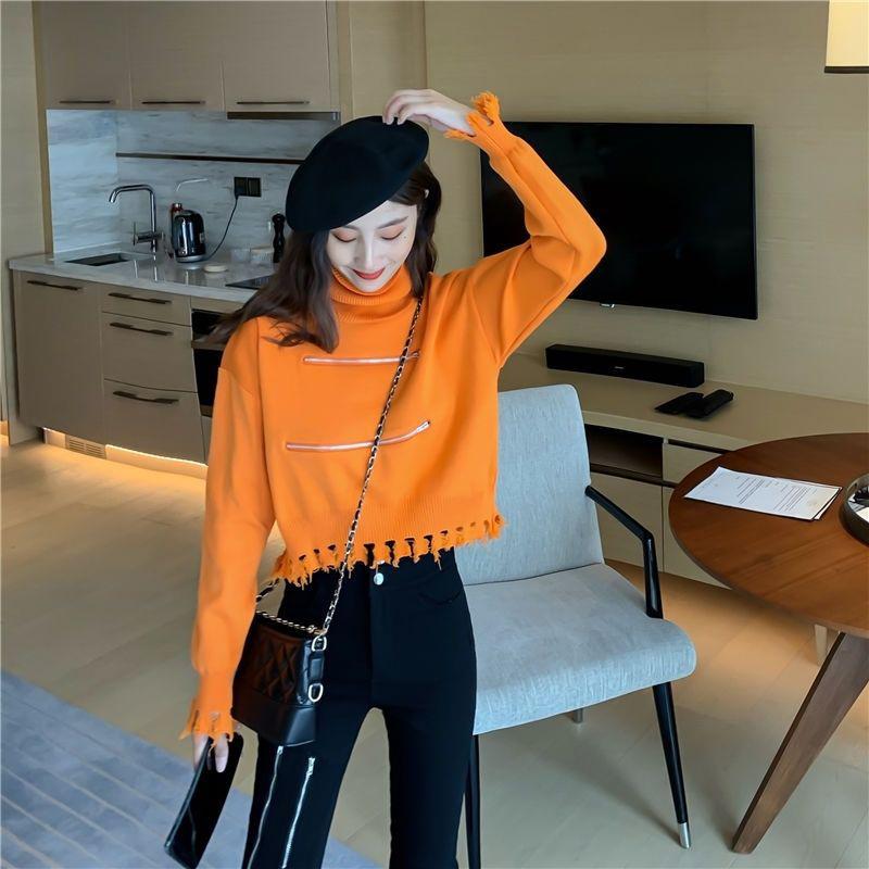 Women's Solid Color Trendy Fashion Zipper Slim Bottoming Sweater High Neck Tassel Short Knit Sweater