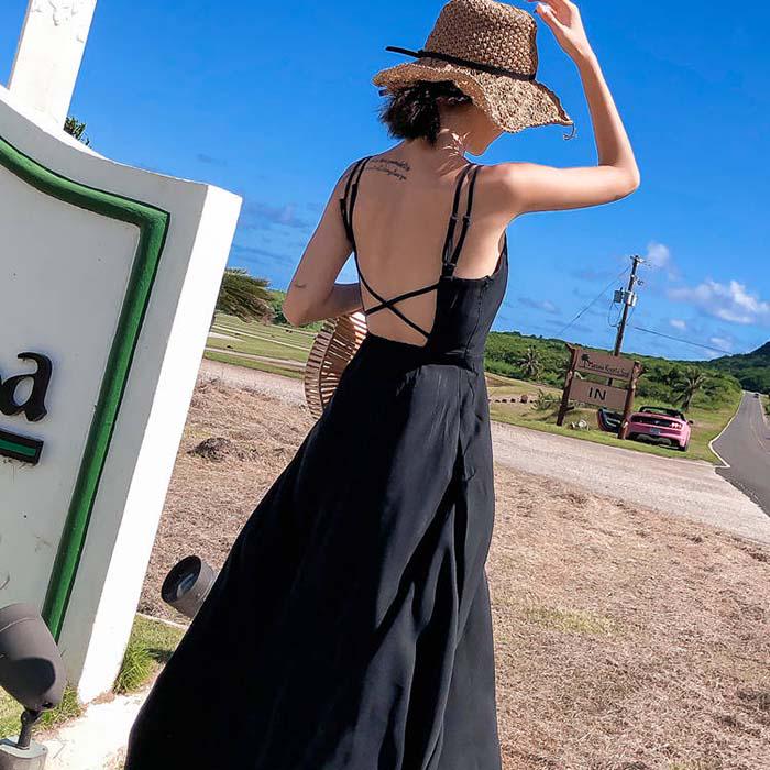 Pofulove Women Solid Camisole Dress Sexy Slim Long Sleeveless Backless A-line Vacation Beach Dress