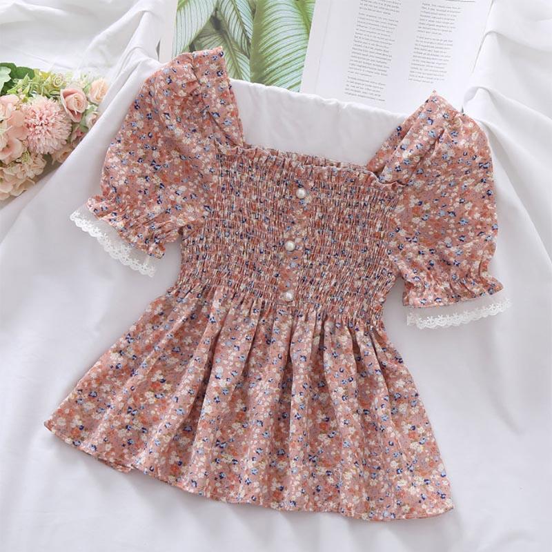 Sweet Square Neck Lace Fungus Edge Floral Chiffon Short Shirt  Women