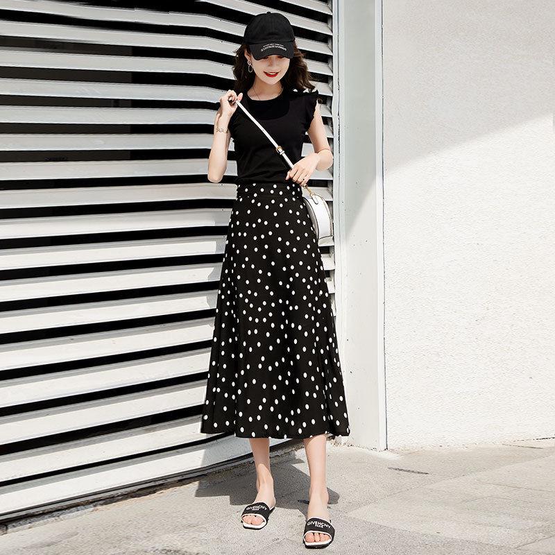 Spring Summer Polka Dot Skirt Floral Black Elegant Maxi Office Zipper Skirts with Lining Plus Size
