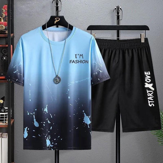Gradient Color Suit Men's Casual Sports Short-sleeved Shorts Fashion Youth Large Size Two-piece Men's