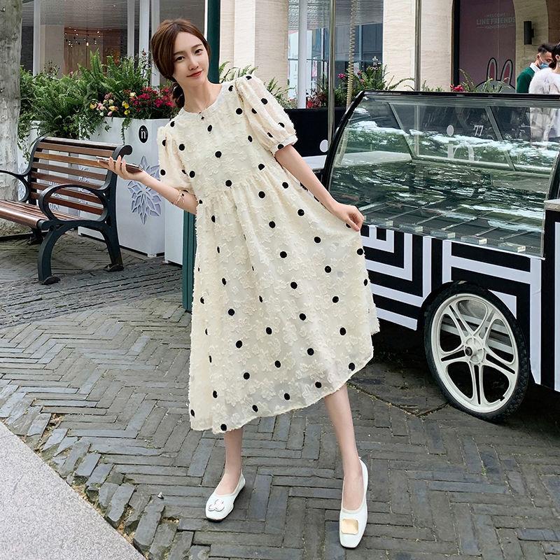 Polka Dot Dress Women's Short Puff Sleeve Round Neck Calf Length Summer M-XXL Pregnant Women Can Wear
