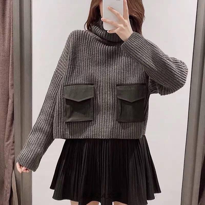 Lazy Wind Loose Head High Collar Women Knit Sweater Pure Black Double Pockets Lady Sweaters