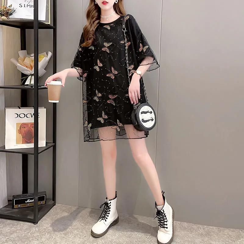 Butterfly Embroidery Veil Women Dress Girl Loose O-Neck Loose Short Sleeve Casual Long T-shirt Dress