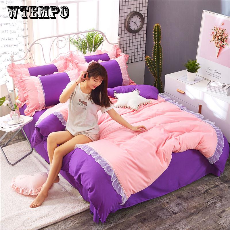 WTEMPO White Pink Lace Bedding Set Bedspread Beautiful Princess Style Kid Girls Twin Full Queen