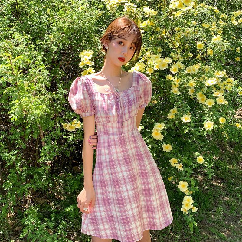 Summer French Elegant Square Neck Bubble Sleeve Plaid Dress Female Waist Slim Short Vacation Dress
