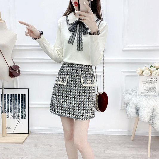 Autumn and Winter Sweet Sweater Suit Women's Bowknot Lapel Sweater Top and High Waist Short Plaid Woolen Skirt Two-piece Suit