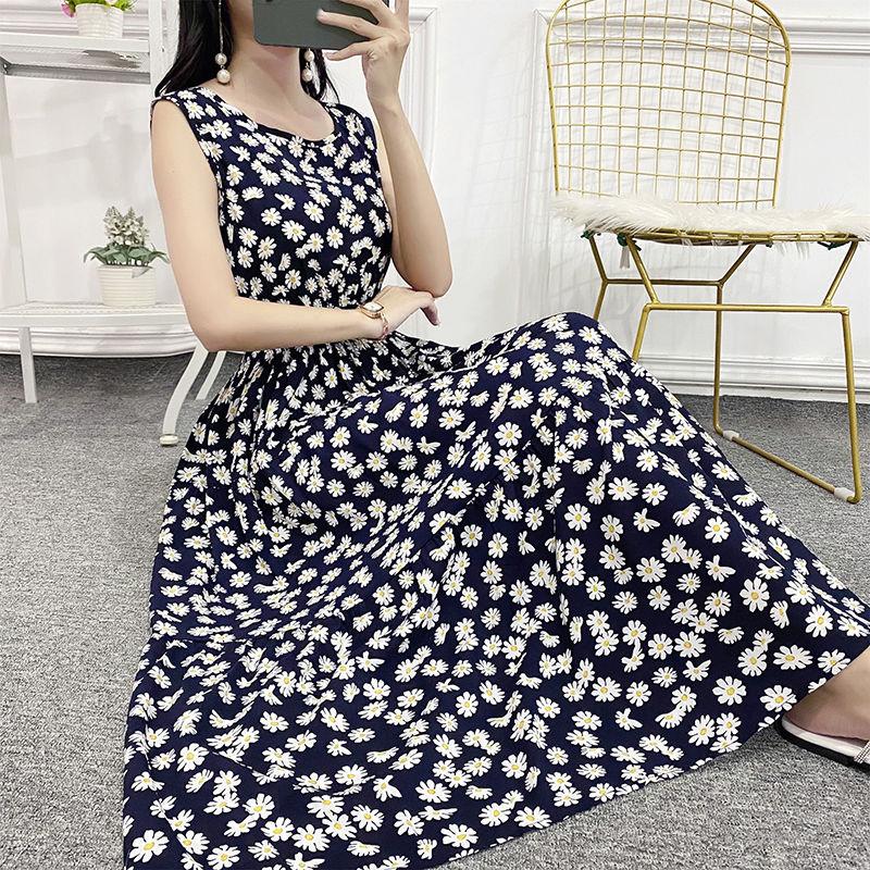 Bohemia Summer Ethnic Print Dress Round Neck  Sleeveless Loose High Waist Cotton Silk Vest Beach Skirt