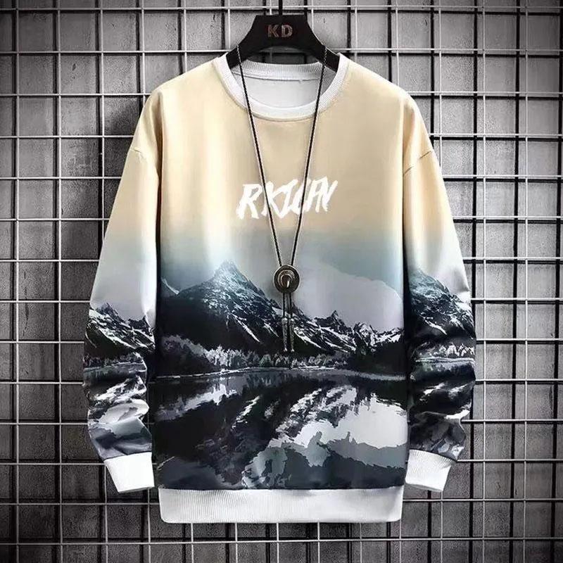 Men's Spring and Autumn Sweater Print Colorblock Long Sleeve Round Neck Pullover Loose Casual Thin Men's Top