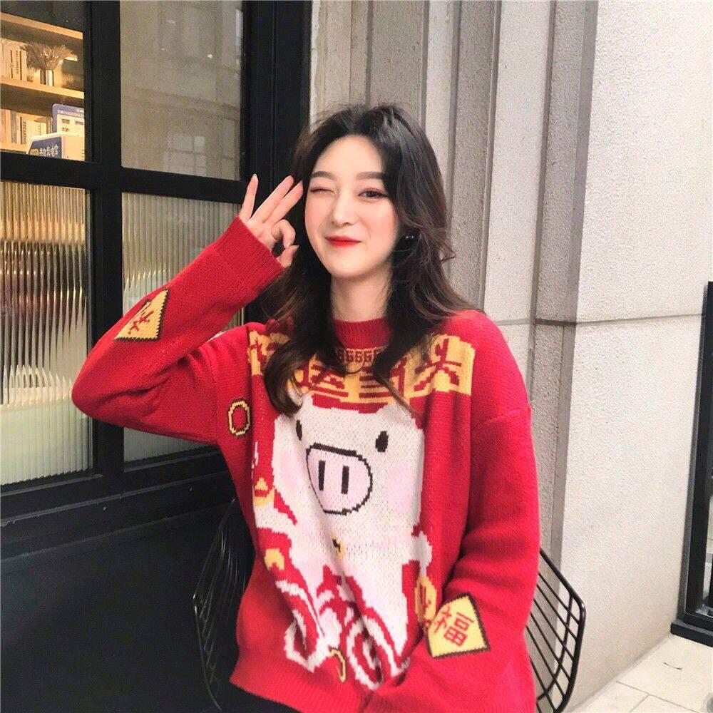Women Cute Pig Theme Simple Color Loose Knitwear Turtleneck Bottoming Top Pullover Sweater