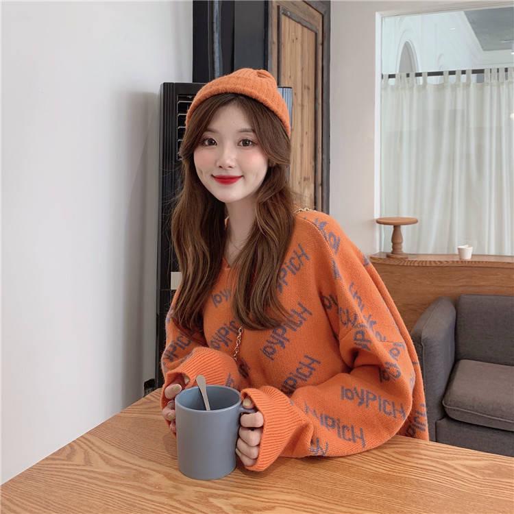 3 Color Letter Knitwear O-Neck Loose Knitting Pullover Chic Simple Color Jumper Sweater Top