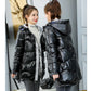 Winter Fashion Trend Cotton Coat Women's Mid-length Korean Style Loose Thick Warm Bright Leather Hooded Cotton Coat