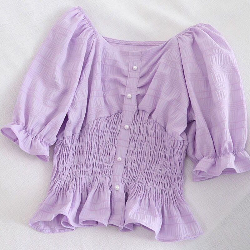 One-shoulder Puff Sleeve Shirt Women's Short-sleeved Waist Short Shirt Tops Women's Sweet Sexy Fabrics Comfortable Light and Breathable