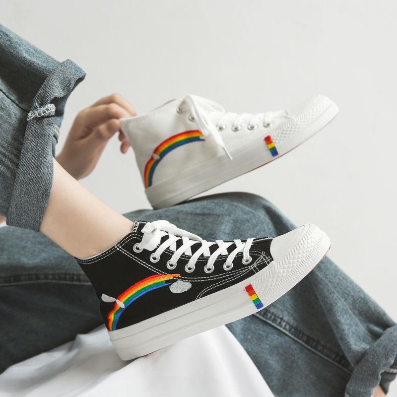 Rainbow high-top canvas shoes students breathable all-match college wind shoes ins casual shoes