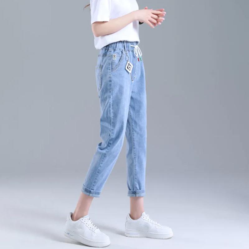 Summer Thin High Waist Cropped Jeans Women's Ripped Large Size Elastic Waist Loose Harem Pants