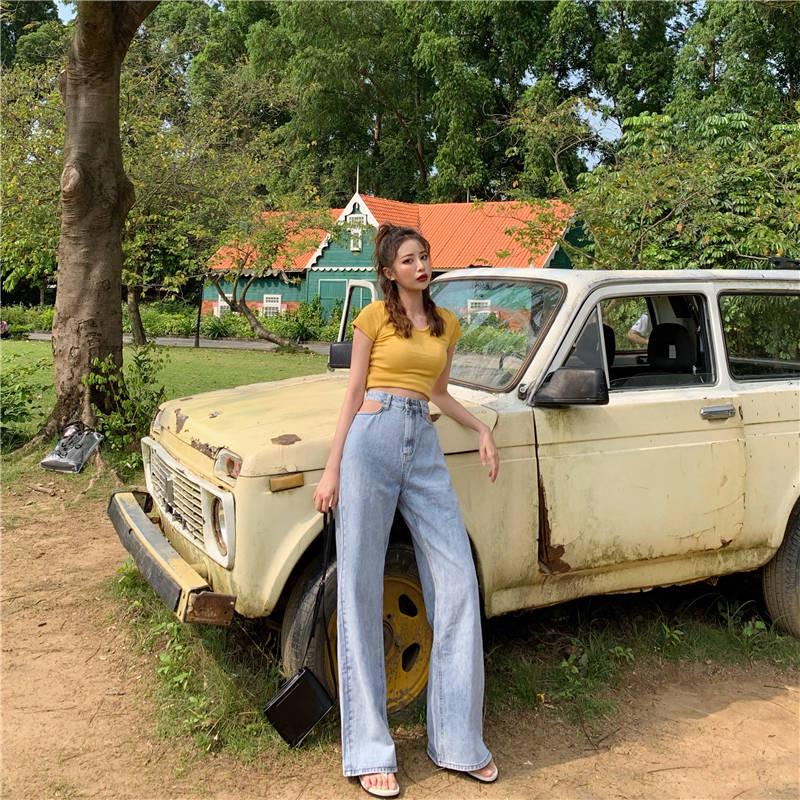 WTEMPO Retro Hollow High Waist Spring Mop Jeans Women Loose Thin Skinny Wide Leg Pants Wild Long Pants