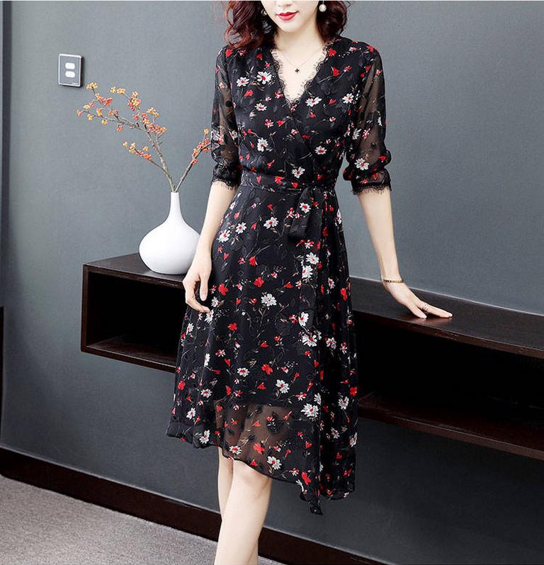 Vintage Spring Summer Chiffon Floral Printing Dress Midi Dress Pleated Hem Elegant Party Vestidos