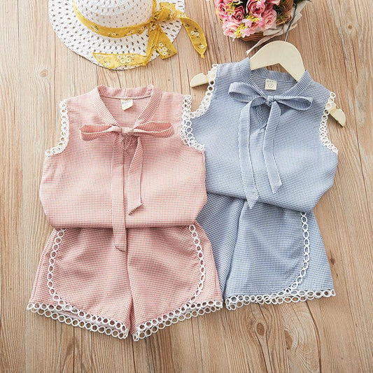 2PCS Summer Baby Girls Casual Korean Style Sleeveless Plaid Vest T-shirt Tops+Shorts Suits Costumes Set