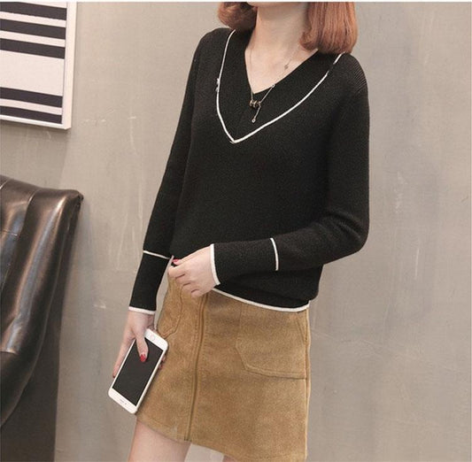Autumn Women Blue V-neck Pullover Sweater Loose Solid Color Casual Sweater Oversize Pullovers