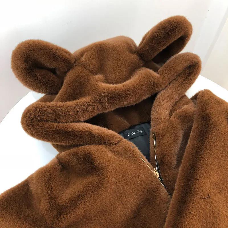 Faux Fur Coat Winter Ladies Cute Bear Ears Plush Thick Warm Hooded Mid-length Fur Coat