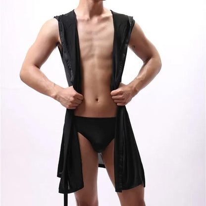 European Version Men's Bathrobe Men's Sleeveless Silky Pajamas Men's Hooded Nightgown Bathrobe Men's Ultra-thin Homewear