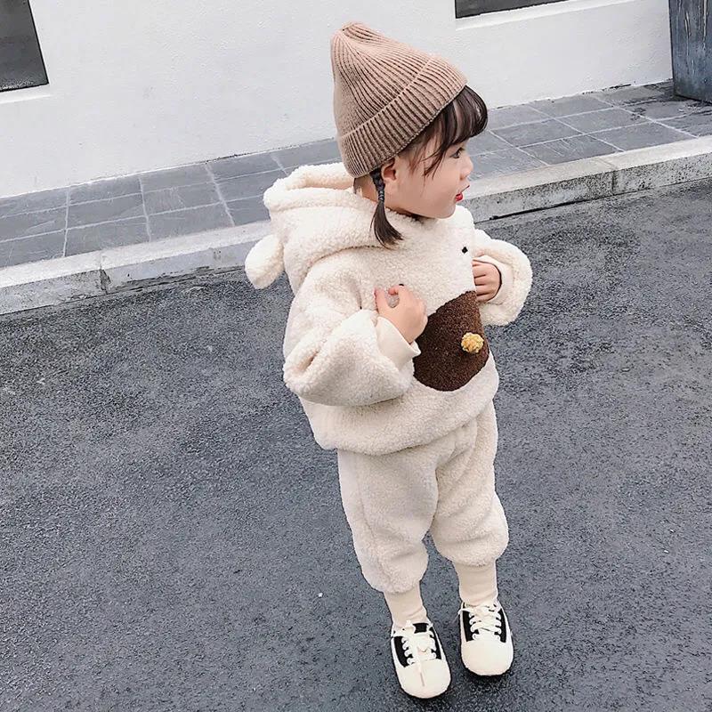 Baby Winter Girl Suit Cotton Coat Lamb Wool Plus Velvet Thickened Western Style Warm Children's Two-piece Cotton Jacket Coats