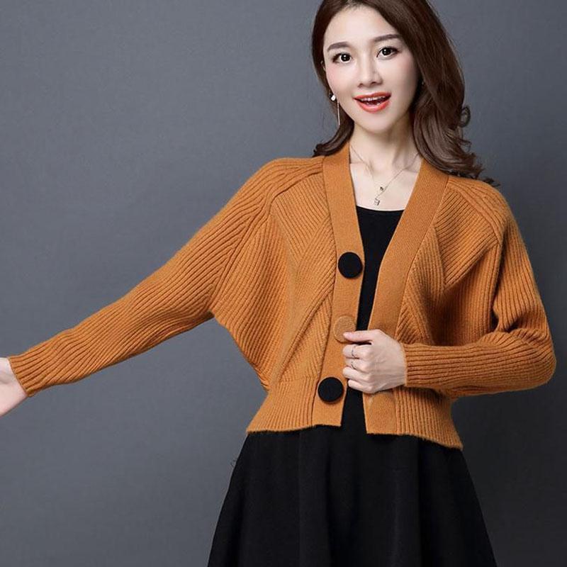 Autumn and Winter V-neck Loose Sweater Bat Shirt Short Knit Top Fashion Casual Women's Jacket