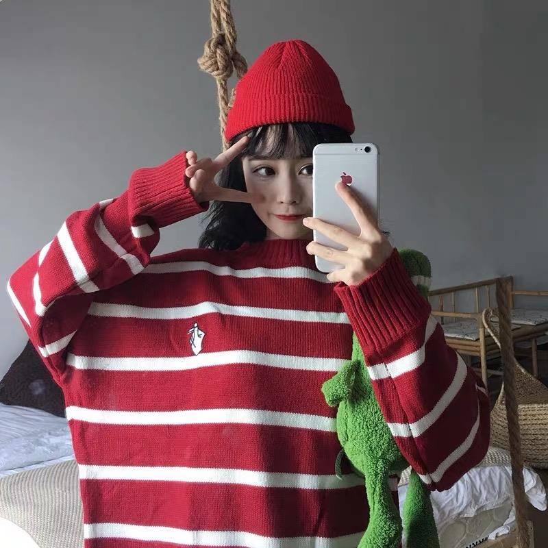 Pofulove Autumn Winter Striped Sweater Women's Korean Loose Round Neck Pullover Embroidery Sweater