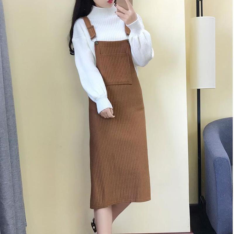 Spring and Autumn Dress Mid-length Dress Suit Knitted Sweater Two-piece Suspender Skirt Female French Temperament Sweater Suit