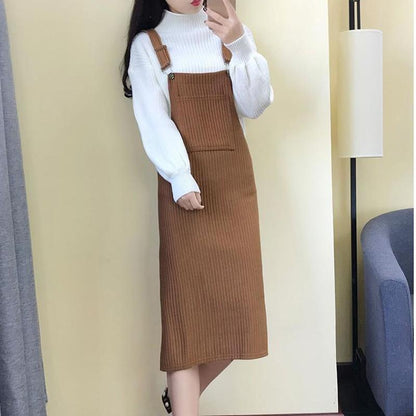 Spring and Autumn Dress Mid-length Dress Suit Knitted Sweater Two-piece Suspender Skirt Female French Temperament Sweater Suit