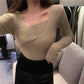 Pofulove Base Knitted Shirt Women Blouse Asymmetric V-neck Pullover Sweater Women Sexy Slim Knitwear