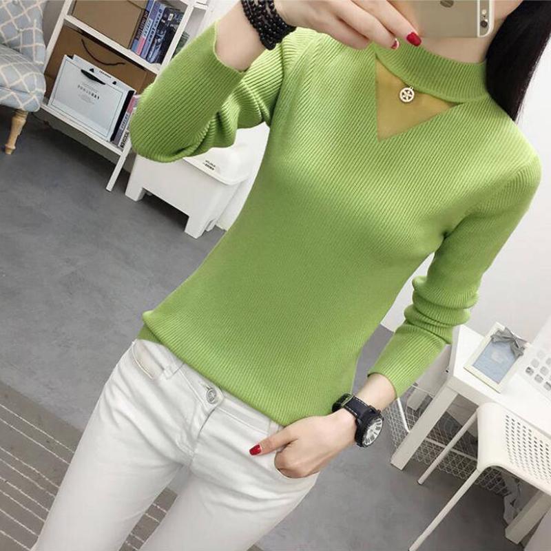 Pofulove Women Turtleneck Pullover Tops Slim Knit jumper Hollow Gauze Sweater Winter blue