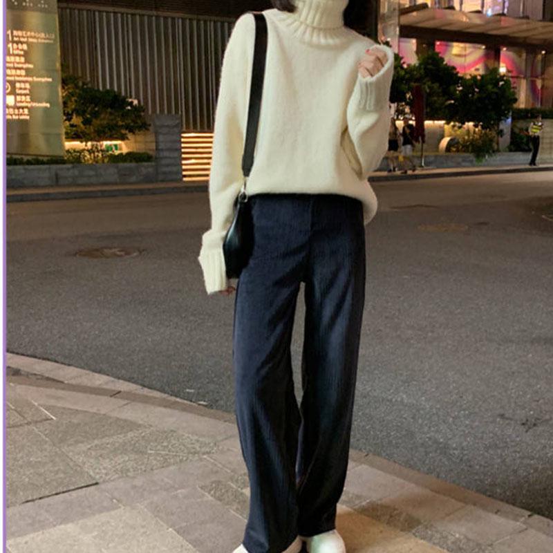 Pofulove Winter Retro Warm Turtleneck Sweater Schoolgirl Loose Pullover Solid Color Sweater