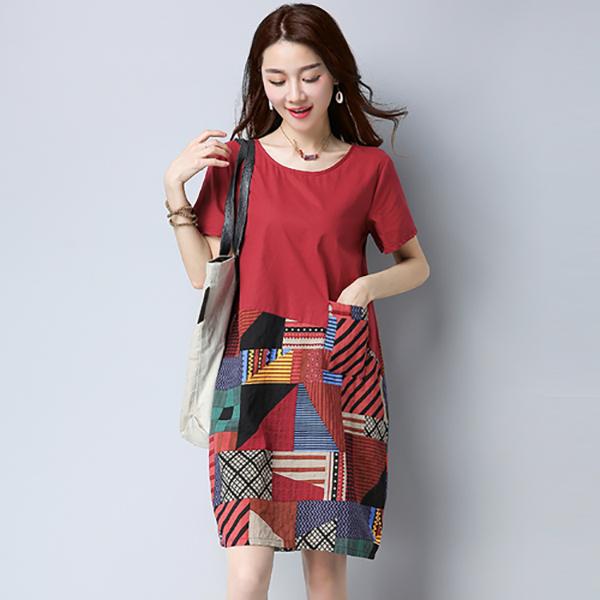 Vintage M-XXXL Summer Cotton and Linen Short-sleeved Knee-length Geometric Splicing Dress