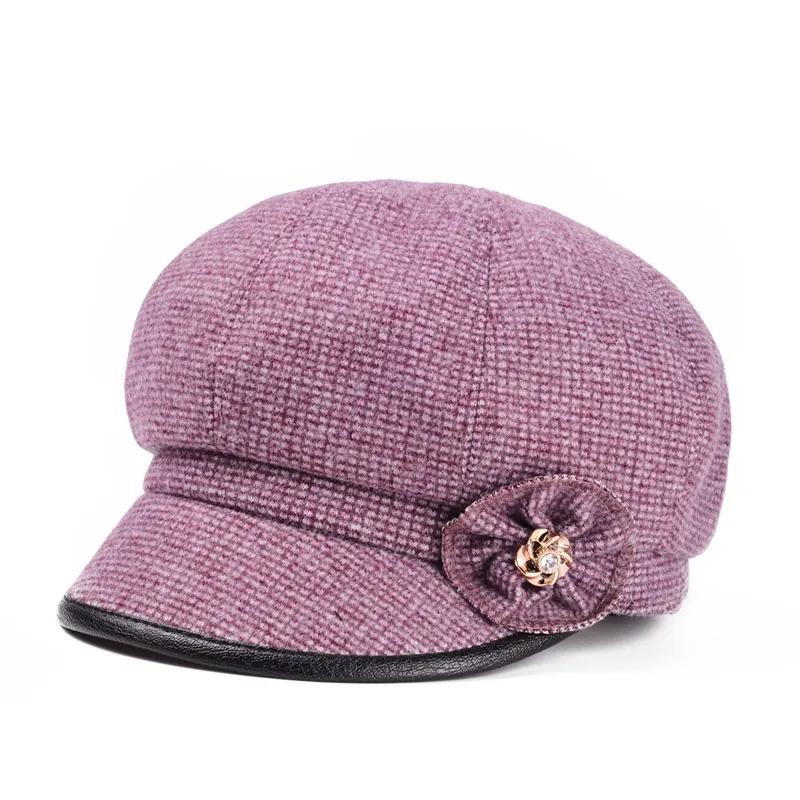 Women's Octagonal Beret Hat Wool Blend Plaid Flower Diamond Hat Autumn and Winter Mother Hat Middle-aged Elderly Baker Hat