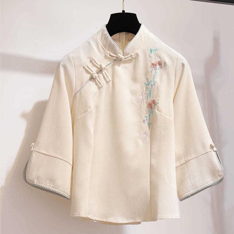 Female Han Chinese Clothing Suit Mandarin Collar Blouse Embroidered Skirt Suit
