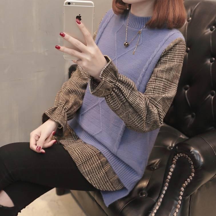 Spring and Autumn Stitching Flared Sleeve Top Loose Plaid Pullover Sweater Fashion Casual Sweater Women