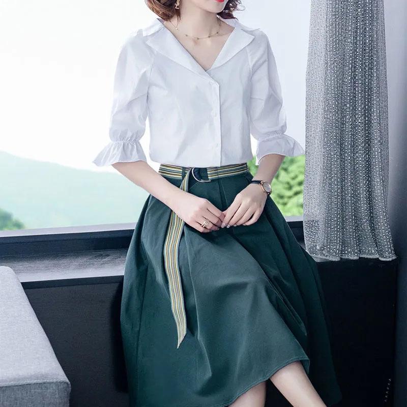 Cotton Shirt Skirt Suit Summer Simple Sweet Two-piece Set V-neck Lotus Leaf Sleeve Top Large Hem A-line Skirt Casual Skirt Suit Large Size