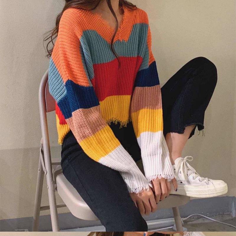 Pofulove loose sweater rainbow striped color matching striped fringe student short sweater women