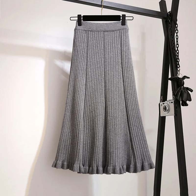 Women's Autumn and Winter Warm Woolen Skirts Fashion Knitted Skirts Korean Mid-length High-waisted Ruffled A-line Fishtail Skirts